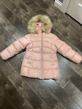 Michael Kors Blush Pink Hooded Puffer Coat with Faux-Fur Trim